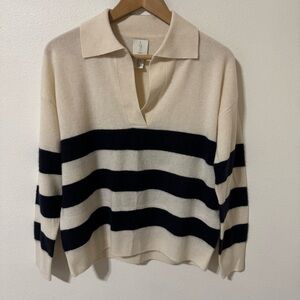 Joie Cashmere Boxy Stripe Collared Long Sleeve Pullover Sweater Navy Cream-Small